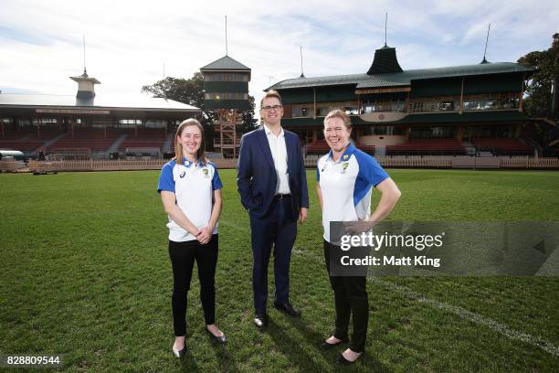 Australia cricketers Rachael Haynes and Alex Blackwell pose with Crcket NSW CEO Andrew Jones during the Cricket Australia Women's Ashes series ticket...