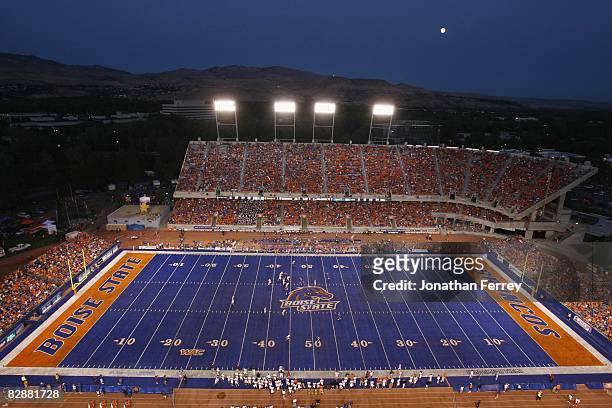 General view of the stadium during the game between the Boise State Broncos and the Bowling Green Falcons at Bronco Stadium on September 13, 2008 in...