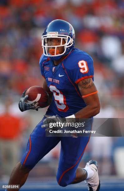 Jeremy Childs of the Boise State Broncos runs with the ball against the Bowling Green Falcons at Bronco Stadium on September 13, 2008 in Boise, Idaho.