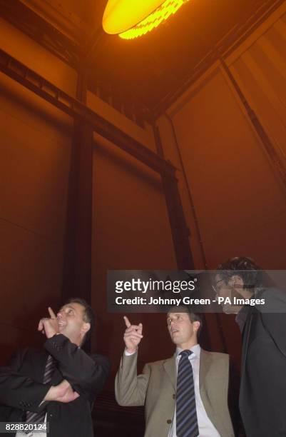 The Danish Crown Prince Frederik meets artist Olafur Eliasson at Eliasson's installation entitled 'The Weather Project' in Turbine Hall inside the...