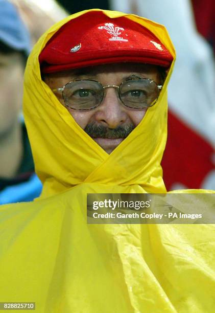 Welsh fan watches in the rain during their World Cup pool D match at the Camberra Stadium, Canberra. Wales won 27-20. NO MOBILE PHONE USE. INTERNET...