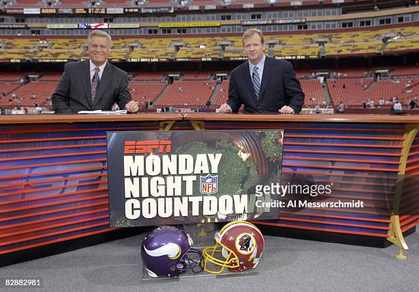 Commissioner Roger Goodell on the ESPN set with Chris Mortensen prior to the Minnesota Vikings and Washington Redskins game at FedEx Field in...