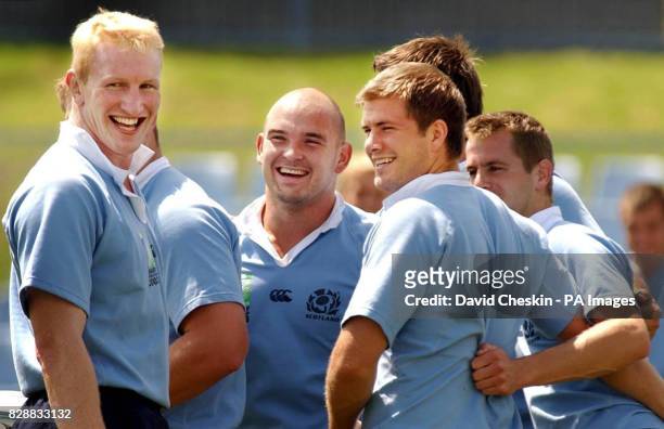 Scotland`s Cameron Mather, Douglas Hall, Craig Moir during training at the Sharks stadium in Cronulla near Sydney, ahead of their Rugby World Cup...