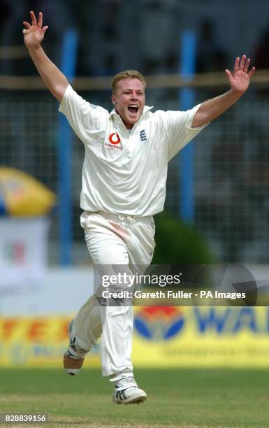 England bowler Martin Saggers celebrates taking the wicket of Mushfiqur Rahman on his test debut, during the morning session of the third day of the...