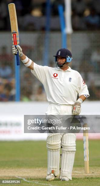 England batsman Nassar Hussain celebrates his half century, during the final session of the third day of the Second Test against Bangladesh at the MA...