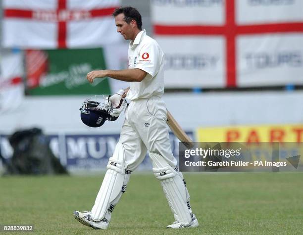 England Captain Michael Vaughan leaves the field after being run-out, on the third day afternoon session of the 2nd Test against Bangladesh at the MA...