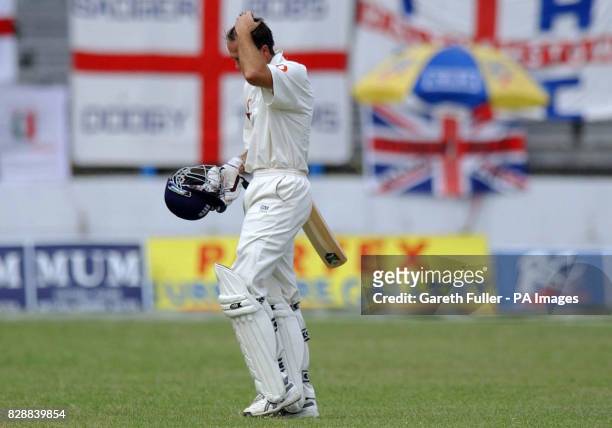 England Captain Michael Vaughan leaves the field after being run-out, on the third day afternoon session of the 2nd Test against Bangladesh at the MA...