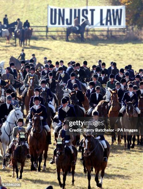 Riders with the Beaufort Hunt on "Declaration Day" with their own and other hunts supporters before they move off from Worcester Lodge, Badminton,...