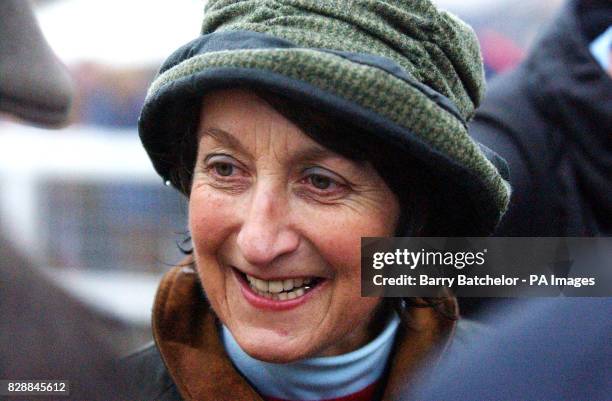 Henrietta Knight the trainer of winning horse Edredon Bleu smiling after the William Hill Haldon Gold Cup Chase at Exeter.