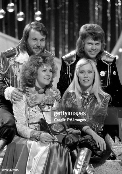 The pop group Abba congratulate each other in Brighton after winning the Eurovision Song Contest for Sweden with "Waterloo", sung by the girls,...