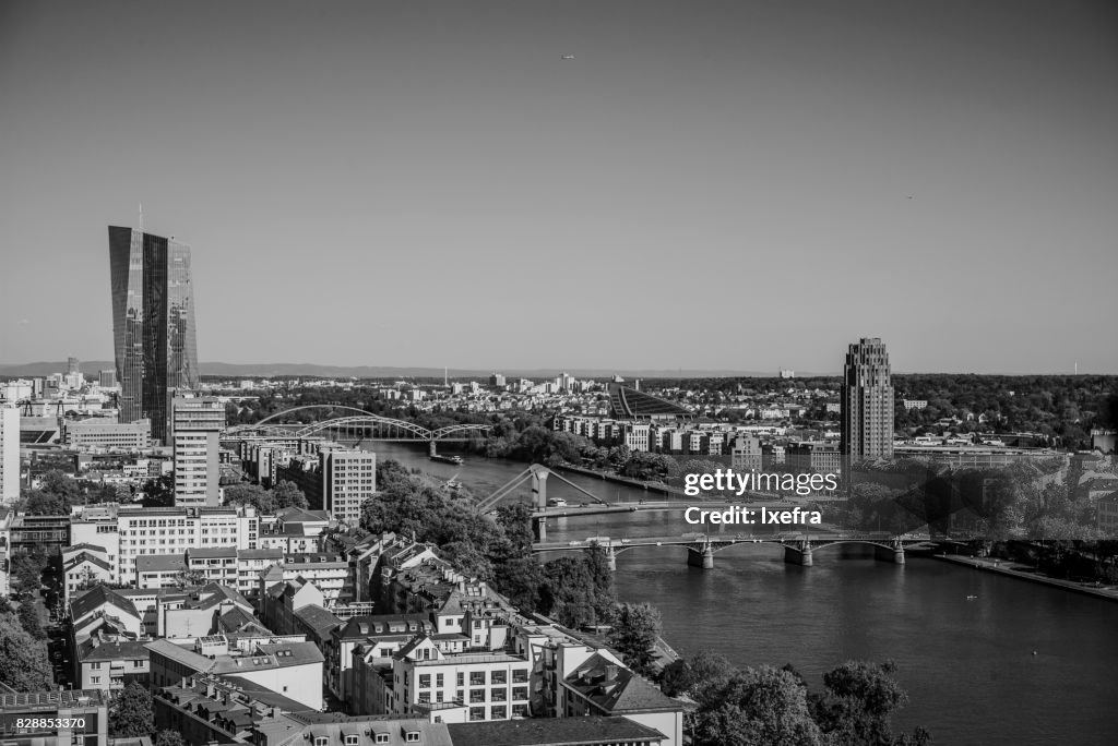 Aerial view of Frankfurt city along the river Main.