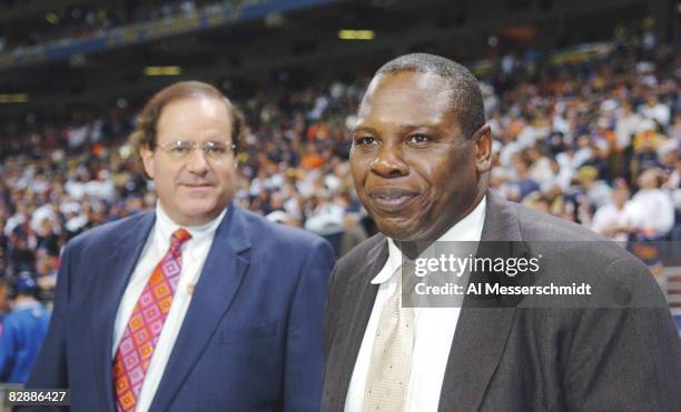 Commentators Tom Jackson and Chris Berman during the ESPN Monday Night Football game between the Chicago Bears and St. Louis Rams in St. Louis,...