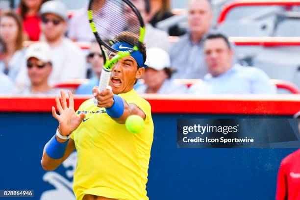 Rafael Nadal returns the ball during his second round match at ATP Coupe Rogers on August 9 at Uniprix Stadium in Montreal, QC