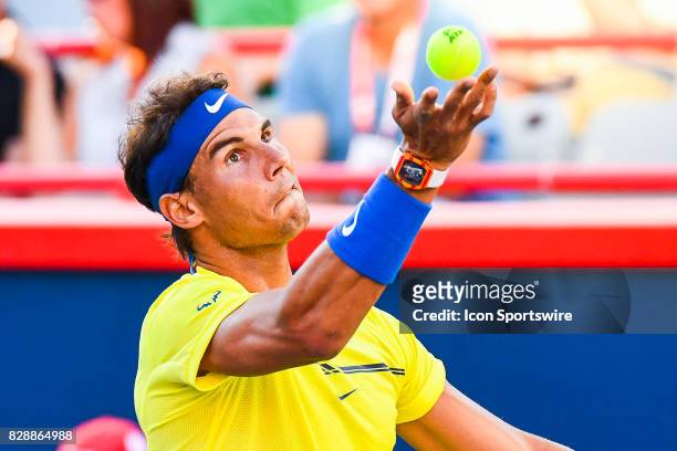 Rafael Nadal serves the ball during his second round match at ATP Coupe Rogers on August 9 at Uniprix Stadium in Montreal, QC