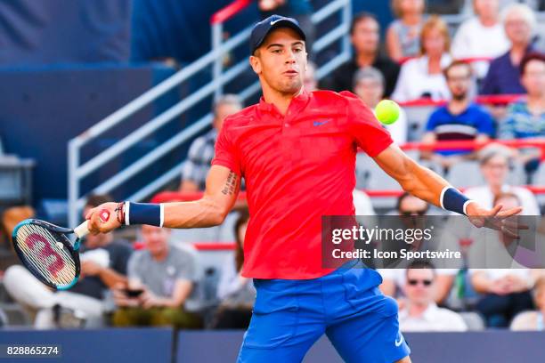 Borna Coric returns the ball during his second round match at ATP Coupe Rogers on August 9 at Uniprix Stadium in Montreal, QC