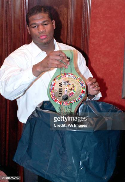 Riddick Bowe, World Champion, who ceremonially dumped the WBC belt and declared that he may never meet Lennox Lewis, at St James Court Hotel, London.