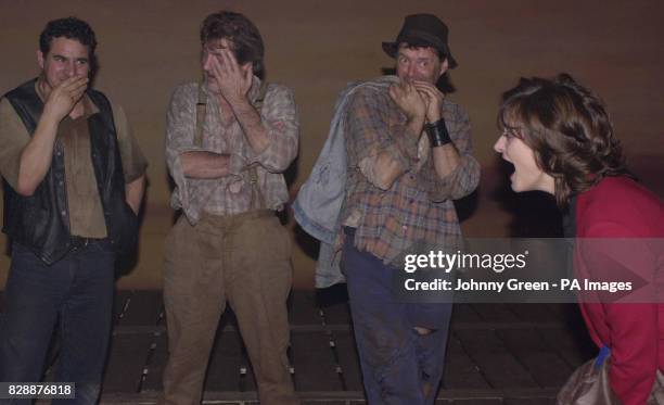 Cherie Booth QC shares a joke with members of the cast of "Of Mice and Men" at The Savoy Theatre in central London. The play, a version of the...
