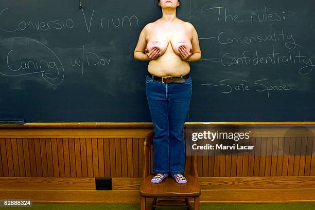 Conversio Virium club member shows her marks to the photographer after a caning demonstration at Columbia University's Hamilton Hall on February 1,...