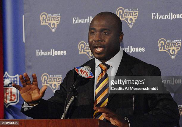 St. Louis Rams running back Marshall Faulk at a press conference to announce his retirement. Faulk, a commentator for the NFL Network, is attending...