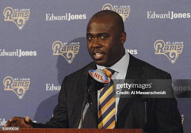 St. Louis Rams running back Marshall Faulk at a press conference to announce his retirement. Faulk, a commentator for the NFL Network, is attending...