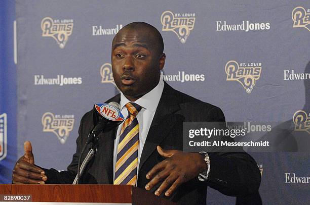 St. Louis Rams running back Marshall Faulk at a press conference to announce his retirement. Faulk, a commentator for the NFL Network, is attending...