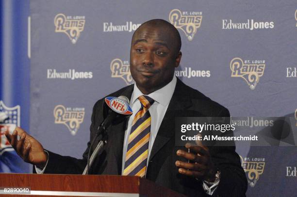 St. Louis Rams running back Marshall Faulk at a press conference to announce his retirement. Faulk, a commentator for the NFL Network, is attending...