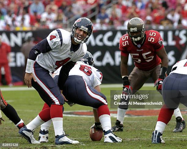 Houston Texans quarterback Dave Ragone checks the backfield against the Tampa Bay Buccaneers at Raymond James Stadium, Tampa, Florida, December 14,...