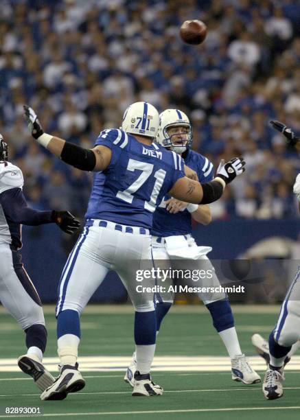 Indianapolis Colts quarterback Peyton Manning studies the field at the RCA Dome, Indianapolis, Indiana, January 4, 2004 in an AFC wildcard playoff...