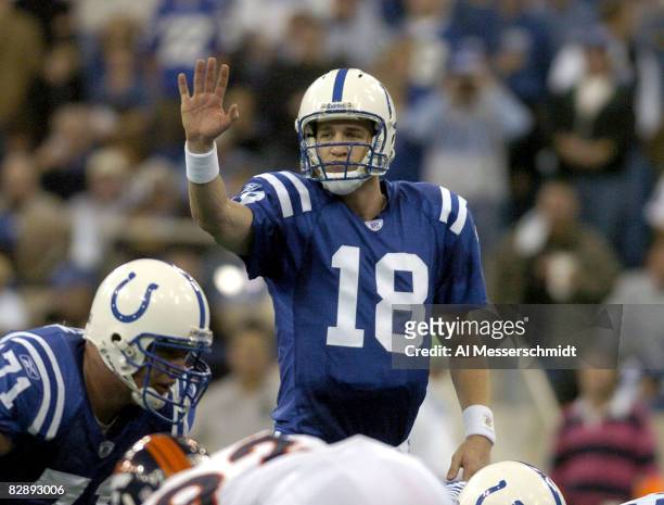 Indianapolis Colts quarterback Peyton Manning calls a play at the RCA Dome, Indianapolis, Indiana, January 4, 2004 in an AFC wildcard playoff game....