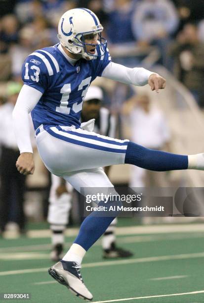 Indianapolis Colts kicker Mike Vanderjagt boots a field goal January 4, 2004 at the RCA Dome, Indianapolis, in an AFC Wildcard game. The Colts...