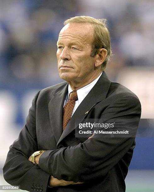 Denver Broncos president Pat Bowlen checks play January 4, 2004 at the RCA Dome, Indianapolis, in an AFC Wildcard game. The Indianapolis Colts...