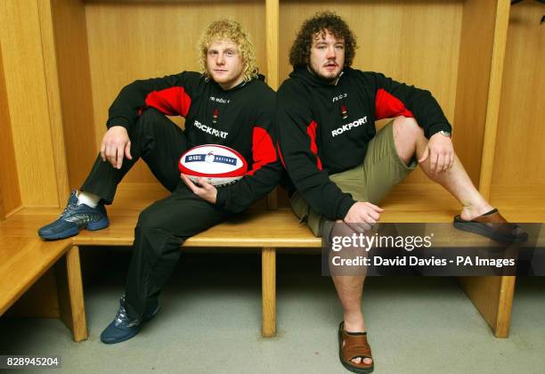Welsh props Duncan Jones and Adam Jones pose together after they were selected in the Wales team for their opening match of the RBS 6 Nations against...