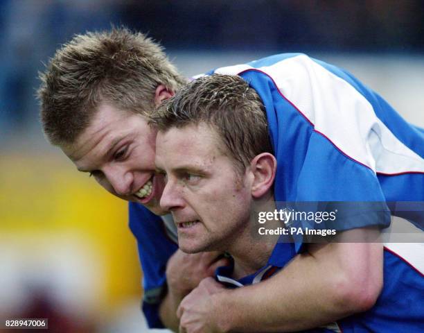 Chesterfield's David Reeves celebrates scoring his penalty against Rushden & Diamonds, during the Nationwide Division Two match at the Recreation...