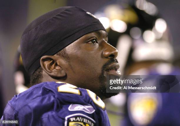 Baltimore Ravens safety Ed Reed watches play October 4, 2004 on Monday Night Football at Baltimore, Maryland. The 0 - 3 Kansas City Chiefs defeated...
