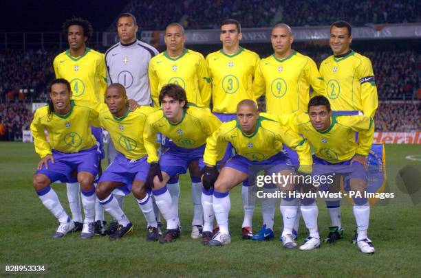 The Brazil starting eleven Roque Junior, Dida, Gilberto Silva, Lucio, Ronaldo, Cafu, Ronaldinho, ZeRoberto, Kaka, Roberto Carlos, Kleberson, before...