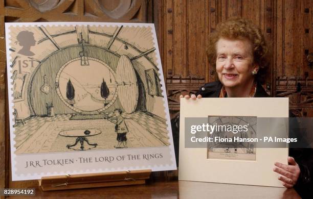 Miss Priscilla Tolkein, the daughter of British novelist JRR Tolkein, with the original pen and ink drawing of the 'Hall at Bag-End' and an...