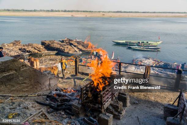 Smoke of cremated dead bodies is rising at Manikarnika Ghat at the holy river Ganges in the suburb Godowlia.