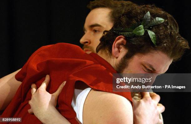 Edmund Kingsley as Caesar and Nick Barber as Cassius perform a scene from the new production of Shakespeare's Julius Caesar during a photocall at the...