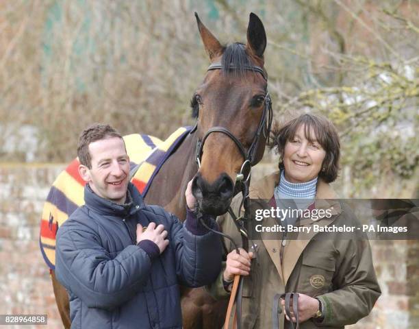 Trainer Henrietta Knight shows her two time winner of the Tote Cheltenham Gold Cup "Best Mate" with jockey Jim Culloty, to the media at her stables...