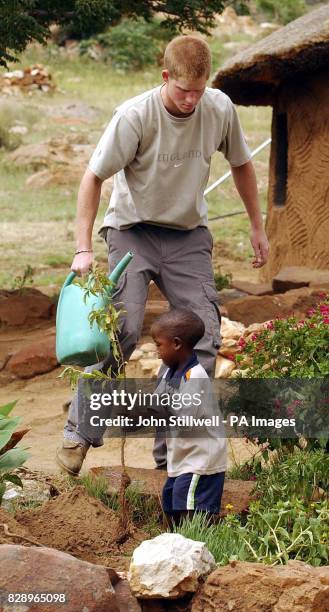 Prince Harry, the younger son of Britain's Prince Charles, leads young orphan Mutsu Potsane to plant a peach tree together at the Mants'ase...