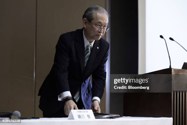 Satoshi Tsunakawa, president of Toshiba Corp., prepares to leave a news conference in Tokyo, Japan on Thursday, Aug. 10, 2017. Toshiba acknowledged...
