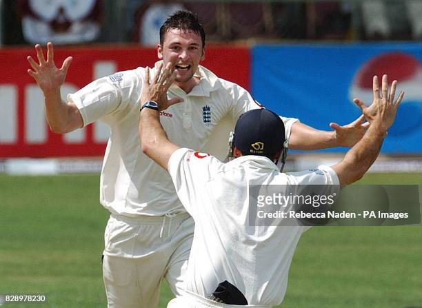 England bowler Stephen Harmison celebrates with Nasser Hussain, dismissing West Indian batsman Shivnarine Chanderpaul for a duck, during the fourth...