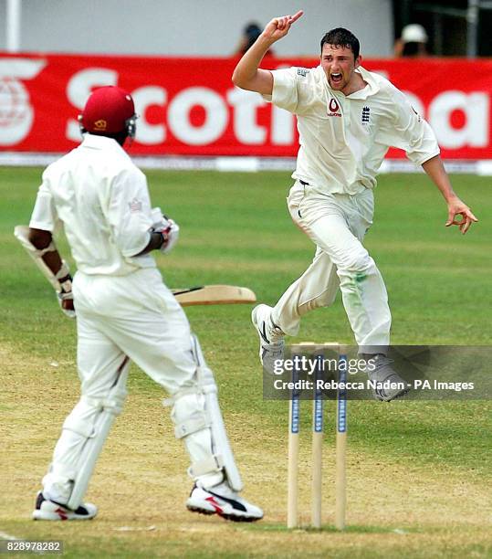 England bowler Stephen Harmison celebrates his fifth wicket, during the fourth day of the 1st Test at Sabina Park, Kingston, Jamaica.