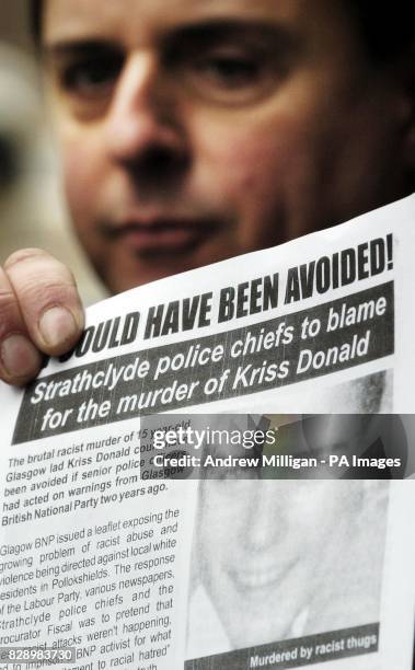 British National Party leader, Nick Griffin, outside Strathclyde Police station in Glasgow, after Kriss Donald was abducted and killed. Despite being...