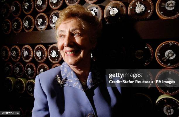 Jean Valentine stands in front of a 'Bombe' decoding machine that she worked on at Bletchley Park in Buckinghamshire during the Second World War....