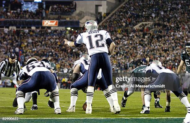 New England Patriots QB Tom Brady calling signals during Super Bowl XXXIX between the Eagles and the New England Patriots at Alltel Stadium in...