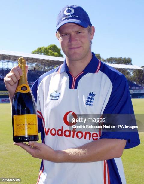 England bowler Matthew Hoggard with a magnum of champagne at the Recreation ground, St John's, Antigua. The magnum is awarded for the BBC Test Match...