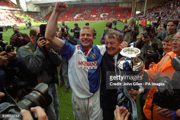 Blackburn Rovers chairman Jack Walker celebrates with striker Alan Shearer after winning the FA Carling Premiership title despite losing to Liverpool...