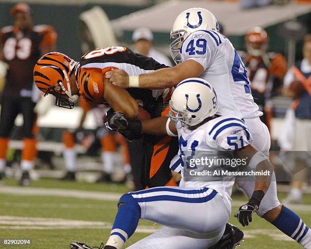 Indianapolis Colts defenders Gilbert Gardner and Daryl Dixon tackle a Cincinnati Bengals rusher during a pre-season game at Paul Brown Stadium in...