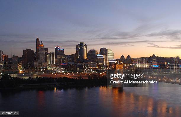 View of downtown Cincinnati at sunrise before the Bengals played the Indianapolis Colts in a preseason game, Sept. 2, 2005 in Cincinnati, Ohio. The...